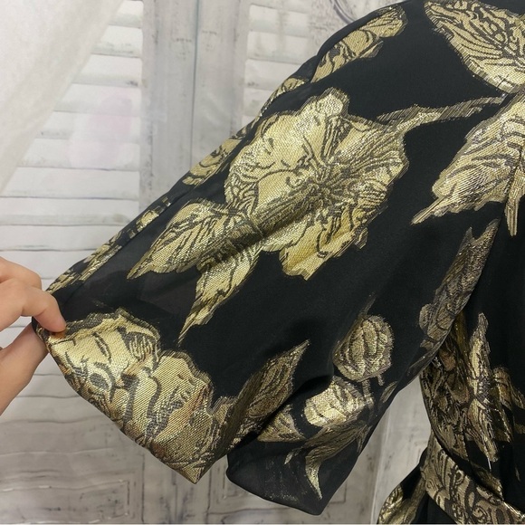 Alex Marie Black Gold Mock Neck Puff Sleeve Midi Dress Belted Pockets Cocktail - Picture 8 of 16